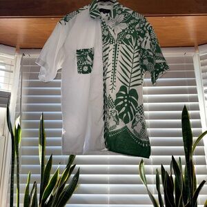Mens Tropical Button Up Shirt Green White Split Print Resort Hawaiian Large